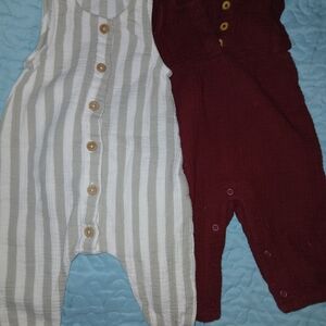 Quincy Mae Cream Stripe and Burgundy Muslin One-Piece Bodysuits READ